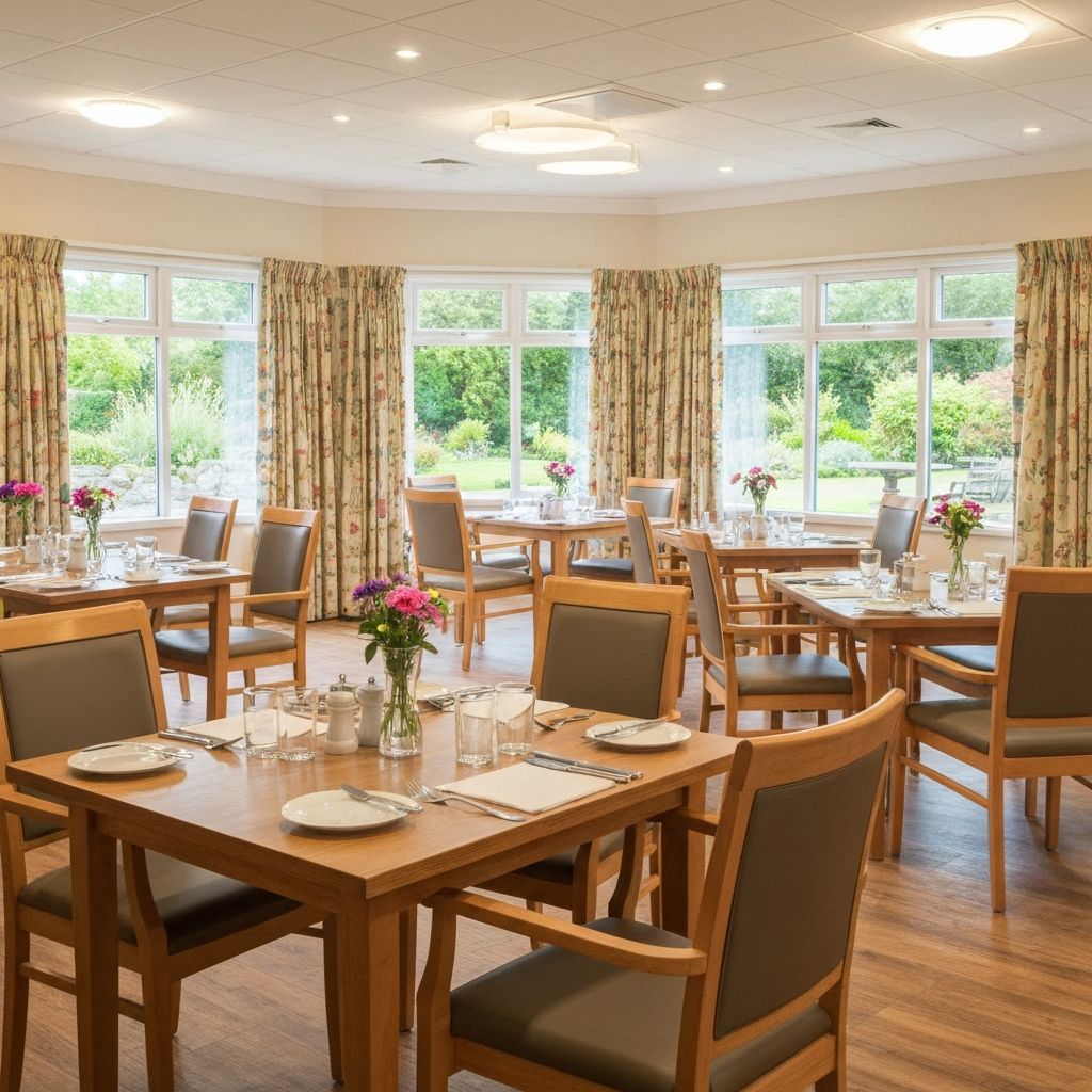 Communal dining area with natural wood furniture